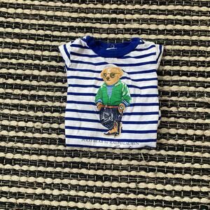 🌿Polo Ralph Lauren Polo Bear Blue Stripe Infant Romper Outfit Bodysuit 3M